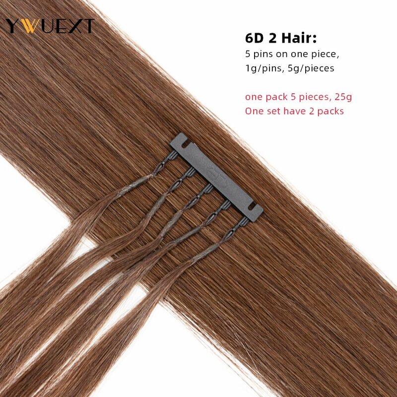 YWUEXT-6D Extensões de cabelo humano, natural reto, cabelo castanho, micro anel, qualidade do salão de beleza, 16 "-24", 5 pinos por PC, 50g