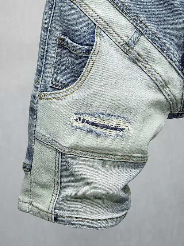 Джинсовые шорты мужские в стиле ретро, модные дизайнерские рваные брюки из денима, винтажные повседневные штаны в стиле хип-хоп, синие, с соединением, на лето