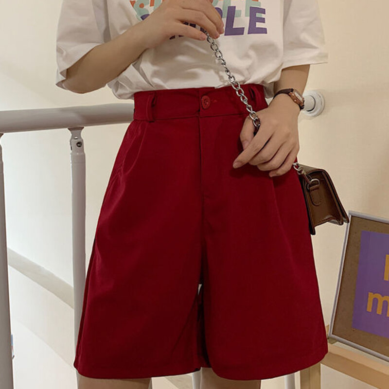 Frauen koreanischen Anzug Shorts Sommer neue feste Knopf Taschen weibliche Shorts Mode alle passen hohe Taille lose Damen weites Bein Hose