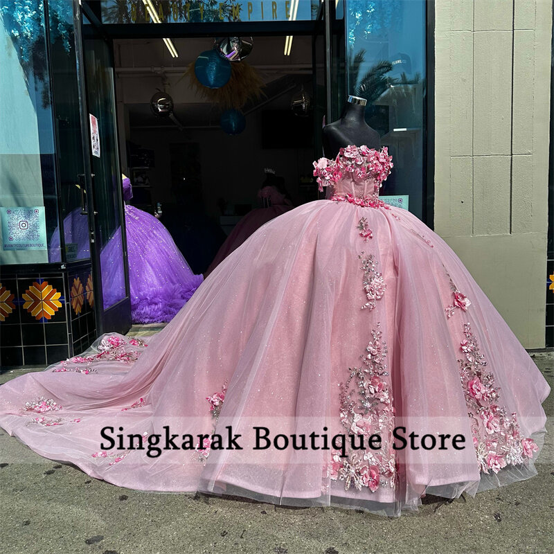 Gaun pesta Pink Quinceanera elegan 2024 gaun 16 "Manis applique bunga kristal manik-manik gaun pesta 16th gaun bola