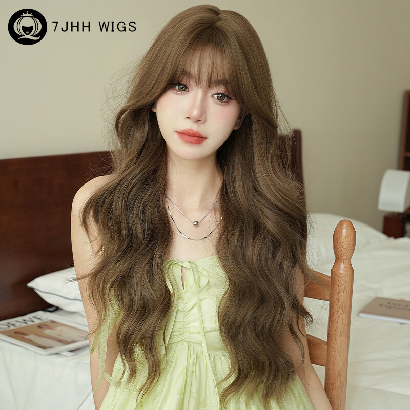 7JHH WIGS Costume Wig Synthetic Cool Brown Wigs with Fluffy Bangs High Density Body Wavy Brown Wig for Women Beginner Friendly