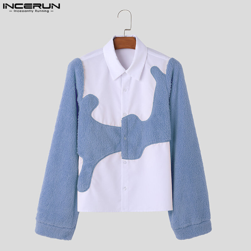 INCERUN Tops 2024 American Style New Men's Personality Suede Patchwork Irregular Shirts Fashion Casual Long Sleeved Blouse S-5XL
