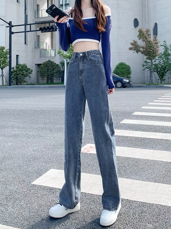 Jeans reto de comprimento total feminino, streetwear solto, moda coreana clássica, estudantes vintage simples, lazer elegante e chique BF
