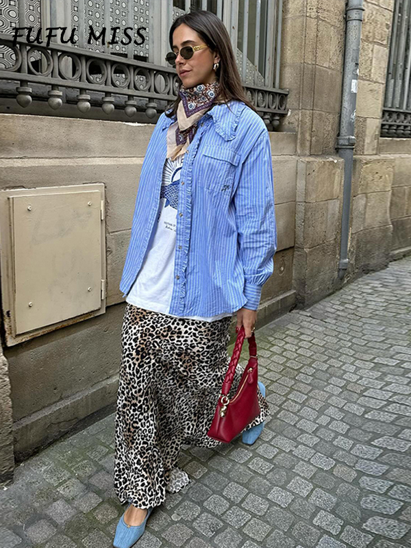 Rok Lurus motif macan tutul kasual wanita, pakaian jalanan sifon modis paket pinggul Musim Semi Musim Panas 2024