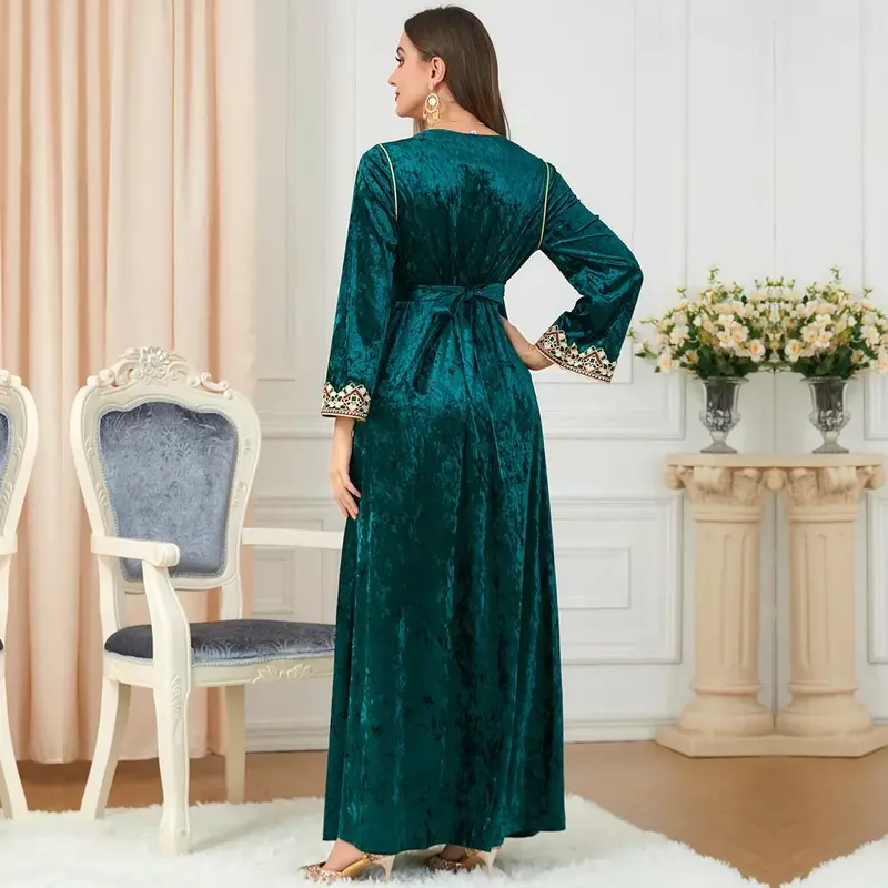 Abaya Muslim untuk Wanita cahaya mewah Dubai Gaun India baju bordir korduroi Muslim gaun lengan panjang celah modis