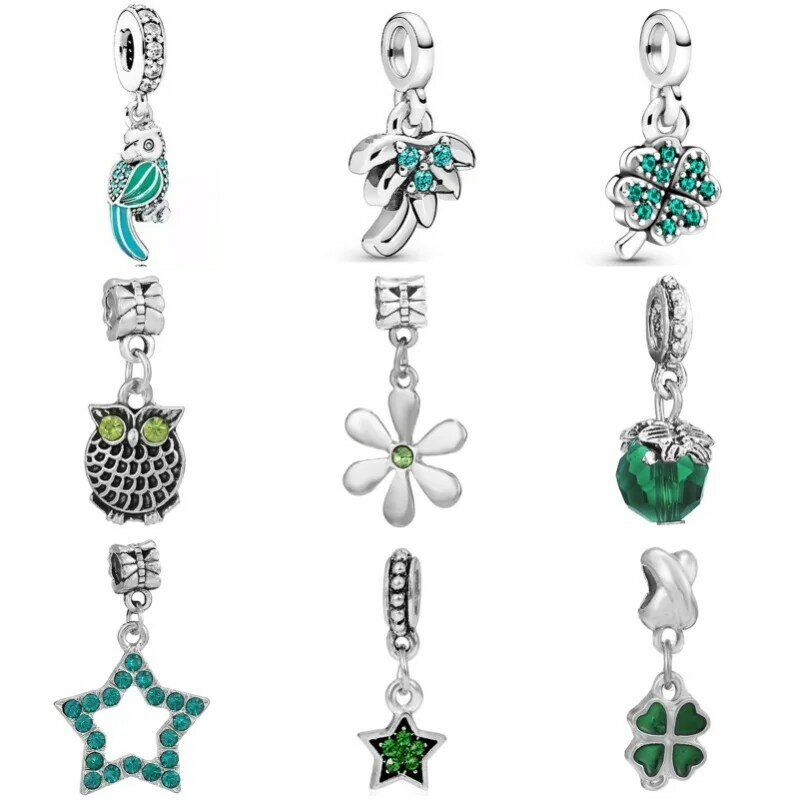 Serie de diamantes verdes chapados en plata 925 para mujer, múltiples colgantes, cuentas de dijes, compatible con pulsera Pandora original, llavero, joyería DIY