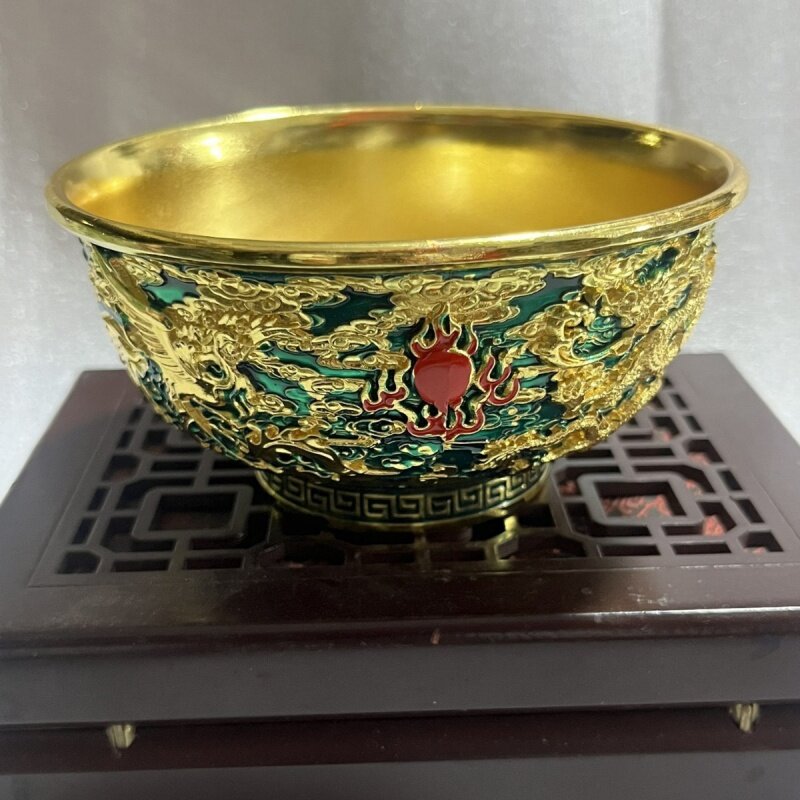 وعاء ذهبي من المينا Cloisonne ، مشهد بلد مزدهر ، عام Qianlong العتيق لتزيين التنين ، متجر منزلي