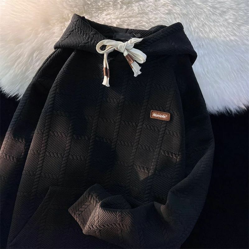 Свитшот мужской с капюшоном, Модный повседневный простой свитшот в клетку, с длинным рукавом, в стиле Харадзюку, уличная одежда большого размера, черный, абрикосовый