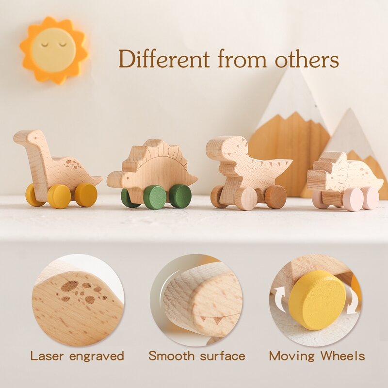 Mainan bayi 1 buah mainan kayu Beech mainan montesori edukasi mobil dinosaurus kartun mainan tumbuh gigi bayi bermain Gym produk hadiah ulang tahun bayi