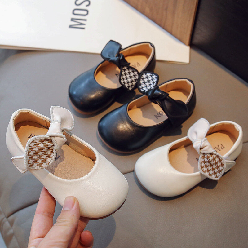 Girls Leather Shoes for Party Wedding Fashion Kids Houndstooth Princess Shoes with Bowtie Round-toe Baby First Walker Shoes