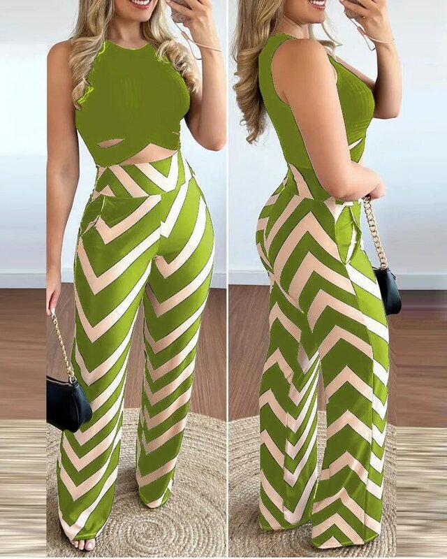 Casual Printed Two Piece Set Women Solid Color Sleeveless Hollow Out Slim Cropped Top And Striped High Waist Wide Leg Pants Sets