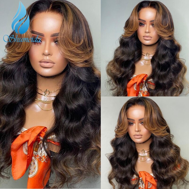 Shumeida Highlight brązowy kolor 13*6 koronki przodu peruki z ludzkich włosów brazylijski Remy włosy Glueless peruka PrePlucked Hairline włosów dla dzieci