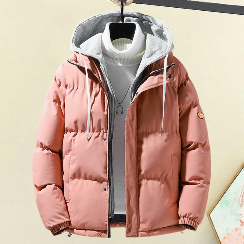 남성용 가짜 투피스 디자인 코트, 남성용 후드 코트, 지퍼 플래킷 포켓, 방풍 두꺼운 면, 가을 겨울 코트