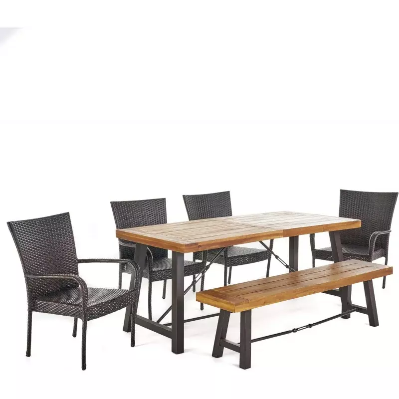 Christopher Knight-Outdoor Acacia Wood Dining Set, cadeiras de vime, acabamento em teca, metal rústico, 6 Pcs Set