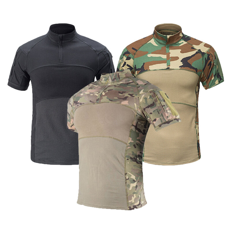Camuflagem de manga curta masculina, militar tático, preto, caminhadas, caça, exército, airsoft, paintball, roupa de combate