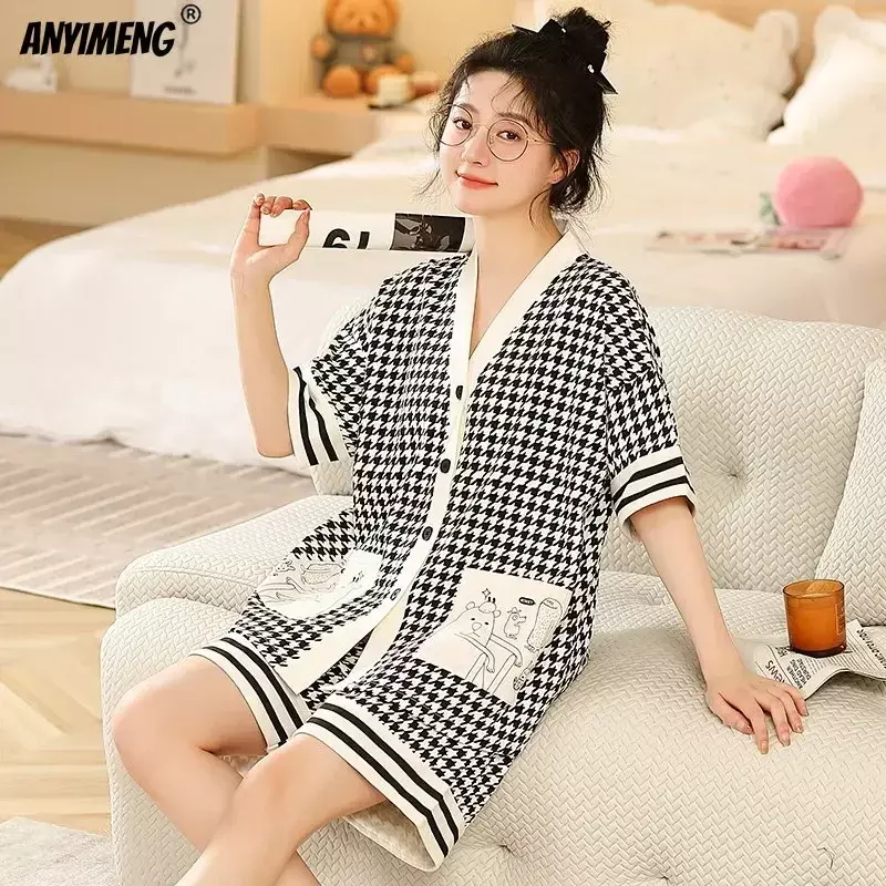 Elizabeth Duck M-5XL Vrouwen Cottton Pyjama Zomer Kimono Stijl Vest Nachtkleding Koreaanse Pijama Plus Size Nachtkleding Short Pjs