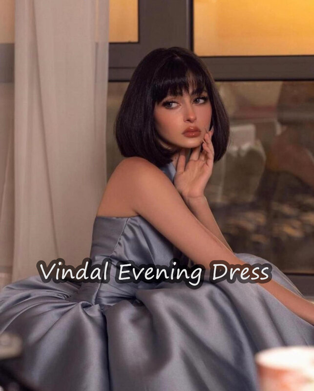 Vindal Ruffle Halter Floor Length Evening Dress  Ball Gown Satin Elegant Built-in Bra Saudi Arabia Short Sleeves For Woman 2024