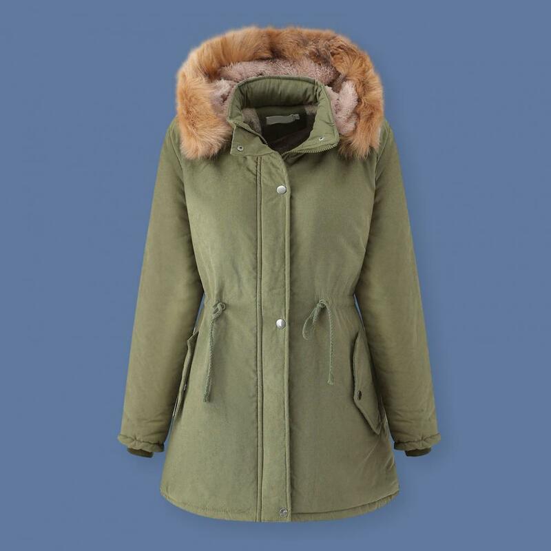 Autumn Winter Women Coat Mid-length Detachable Hooded  Jacket Solid Color Fleece Lining Stand Collar Long Sleeve Outwear