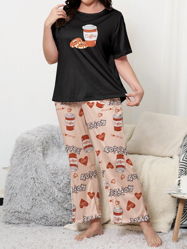 Conjunto de pijama de talla grande, adecuado para uso doméstico e informal, con mangas cortas y pantalones largos, talla grande 1-5XL