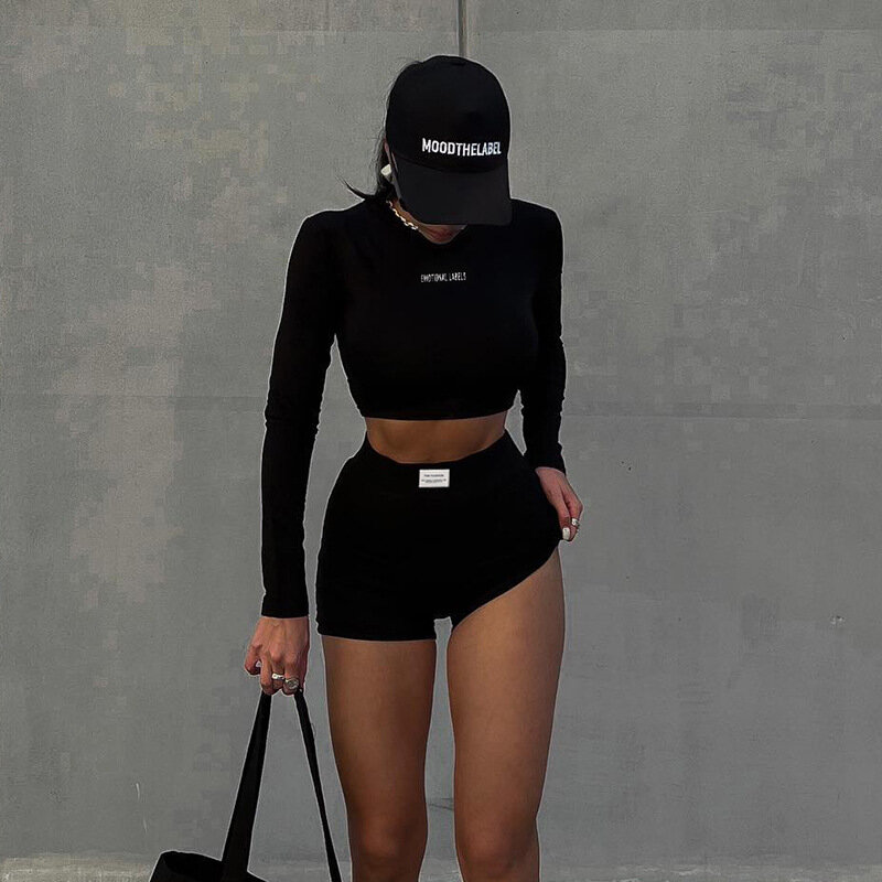 Autumn White Black 2 Two Piece Sets Tracksuit Sweatshirt Women Outfit Long Sleeve Top Skinny White Shorts Matching Sets