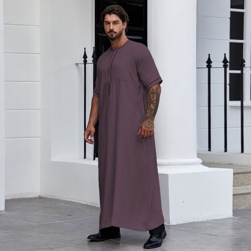Camisas Henley de manga comprida ramadã com bolso, vestidos muçulmanos, kaftan, abaya islâmica, vestido longo árabe, robe thobe para homens