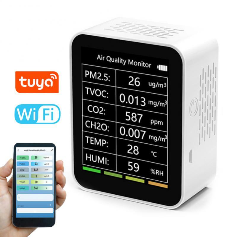 Tuya wifi 6 em 1 multifuncional detector de qualidade do ar detector inteligente pm2.5 tvoc co2 ch2o temperatura umidade detector