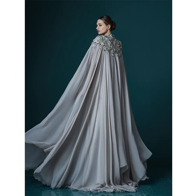 New Elegant Gray Long Cloak Lace Appliques Straight Evening Dress Vestidos Prom Lady Gown Flowing Event Celebrity Long Dresses