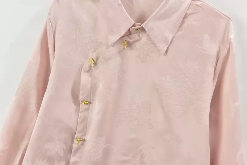 Odzież damska 2024 nowa moda żakardowa dekoracja casual koszula z klapą retro z długimi rękawami zapinana koszula damska elegancki top