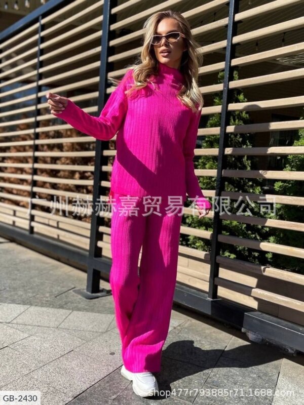 Knitted Pit Strip Women's Sets Autumn and Winter New Fashion Temperament Loose Semi-turtleneck Knit Suit Two-piece Set for Women