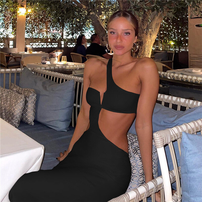 Women cut asymmetrically bare-back dresses, elegant evening gowns, tight, slim, sexy and chic robes