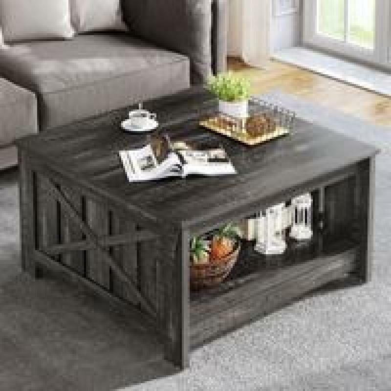 YITAHOME Farmhouse Coffee Table with Storage, Squaroffee Table for Living Room with Half Open Storage Compartment