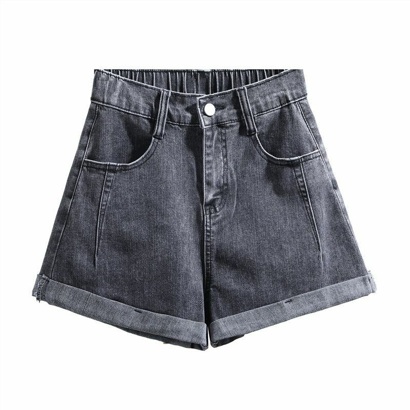 Smoke Grey Curled Denim Shorts Women's Summer 2023 New Elastic Waist Elastic Slim Fit Wide Leg High Waist A-line Hot Pants