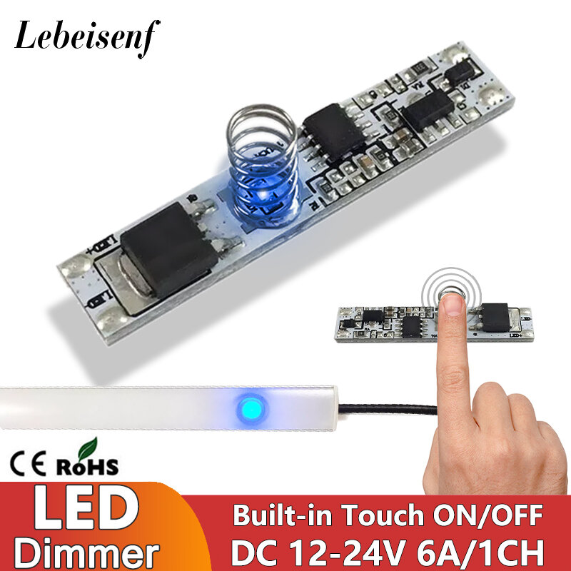 미니 내장형 LED 라이트 바 터치 센서 스위치, ON/OFF 컨트롤러, 6A, 1 채널, DC 12V, 24V, 알루미늄 플레이트 램프, 10-100% 조광기