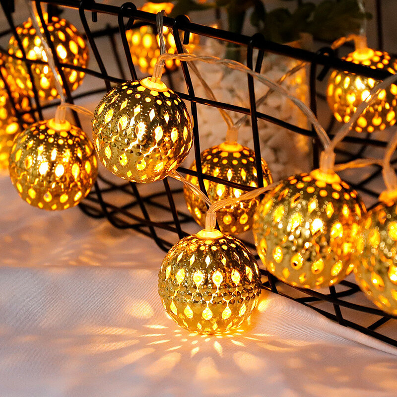 10/20/40/50leds Fairy marokańska pusta metalowa kula girlanda żarówkowa LED zasilana na wakacje weselne wewnętrzna dekoracja zewnętrzna