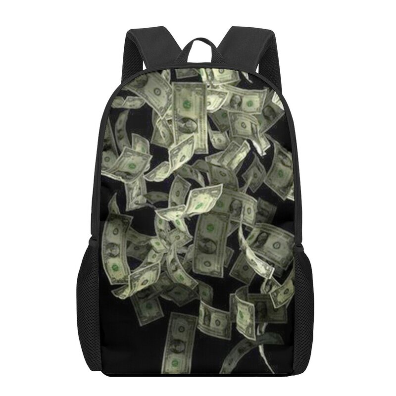 Tas sekolah anak laki-laki perempuan, tas ransel perjalanan harian remaja, tas buku kasual uang USD pola dolar