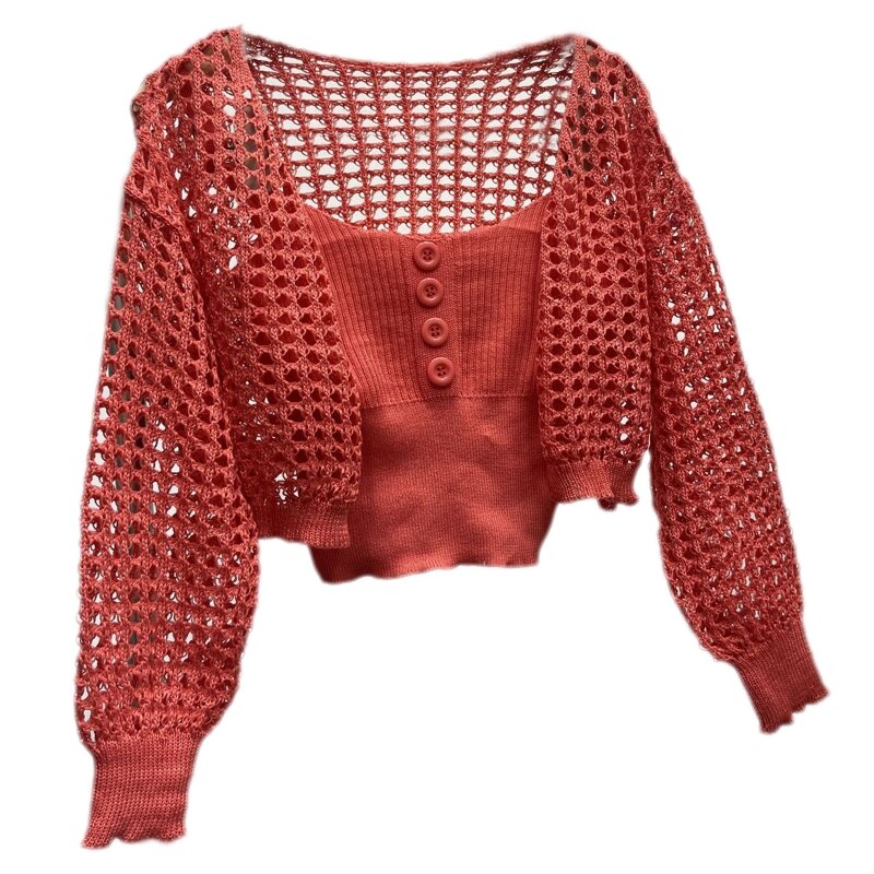 Womens Hollow Out Crochet Solid Color Long Sleeve Sweaters Cardigan Button Front Spaghetti Strap Rib Knit Cami Crop Top N7YD