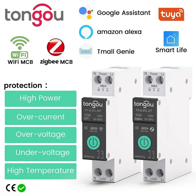 Disyuntor inteligente TUYA WiFi/ZigBee MCB, protección contra sobrecorriente y bajo voltaje, medición de energía, interruptor de Control remoto de 1-63A