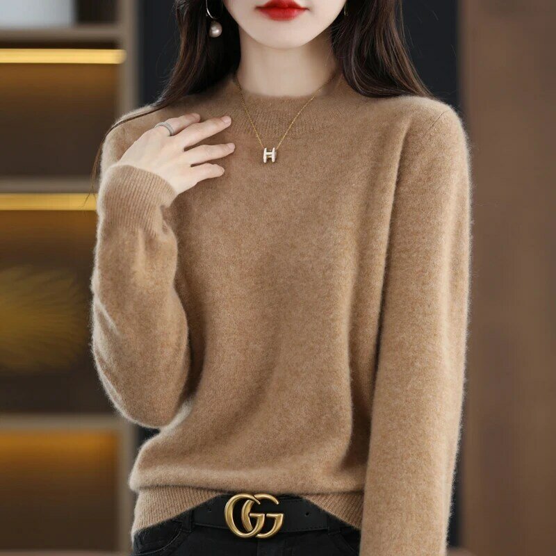 Suéter de cuello redondo 100% de lana pura, camisa de fondo de punto con suéter suelto de gran tamaño, Otoño/Invierno