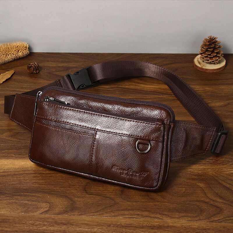 Sac de ceinture de luxe en cuir véritable pour hommes, sac de taille multifonctionnel pour téléphone portable, sac de poitrine décontracté ultra-mince