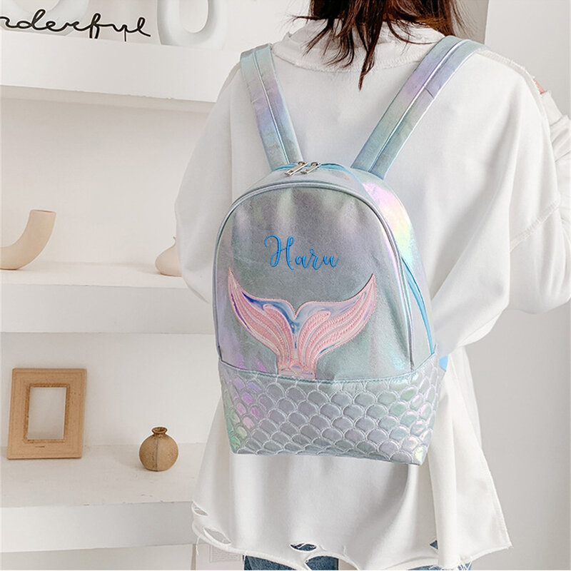 PU Mermaid Backpack with Embroidered Name Unique Girl's School Backpack Personalized Name Kids Children's Day Gift Bags