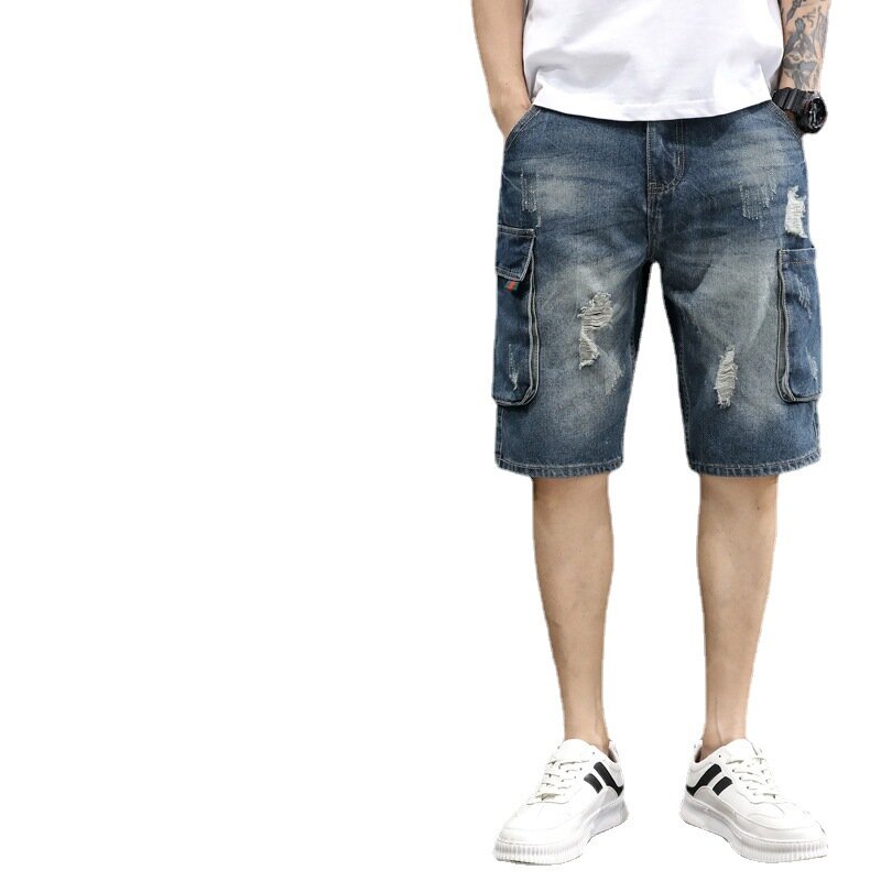 Мужские модные джинсовые шорты, летние укороченные брюки для мальчиков, свободные Универсальные джинсовые брюки в Корейском стиле, 2024
