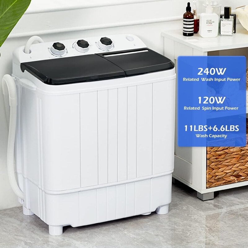 휴대용 미니 컴팩트 트윈 욕조 세탁기 및 스피너, 아파트용 중력 배수 펌프 포함, 17.6Lbs 용량