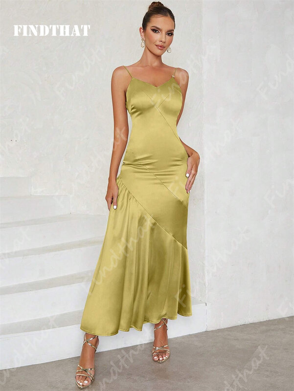 Findthat 섹시한 스파게티 스트랩 브이넥 신부 들러리 드레스, 단색 프릴 밑단 패널, 오픈 백 새틴 이브닝 가운 2024