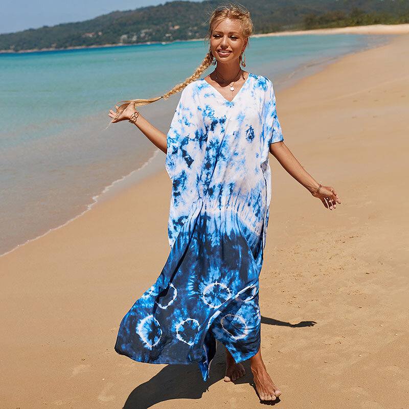 Vestido estampado de verão feminino, Resort de praia Bronzeado, Bata de biquíni, Túnica, Vestido de praia, 2023