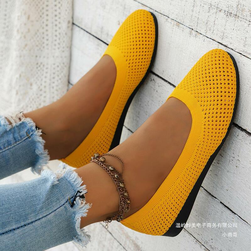 Women Round Toe Flat Shoes Solid Color Knitted Slip on Shoes Casual Breathable Ballet Flats Women Flat Shoes Loafers Women