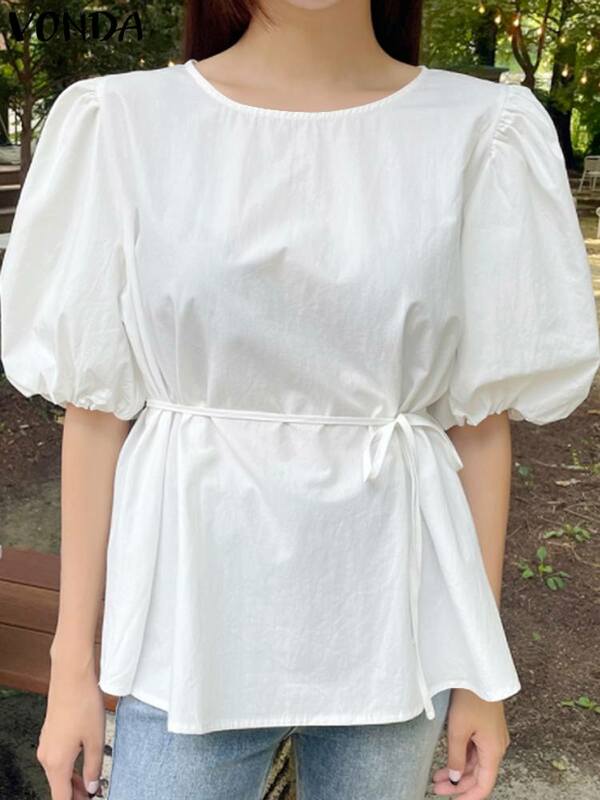 Women Basic Shirts VONDA Summer Casual Tunic Tops 2024 Fashion Solid Color Blouse Short Puff Sleeve O-Neck Loose Bandage Blusas