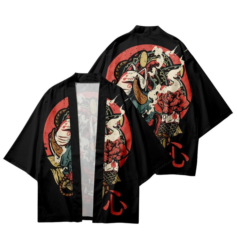 Pakaian Jalan Samurai Gambar Setan Hitam Cosplay Yukata Pria Kimono Haori Kardigan Longgar Wanita Asia Anime Jepang