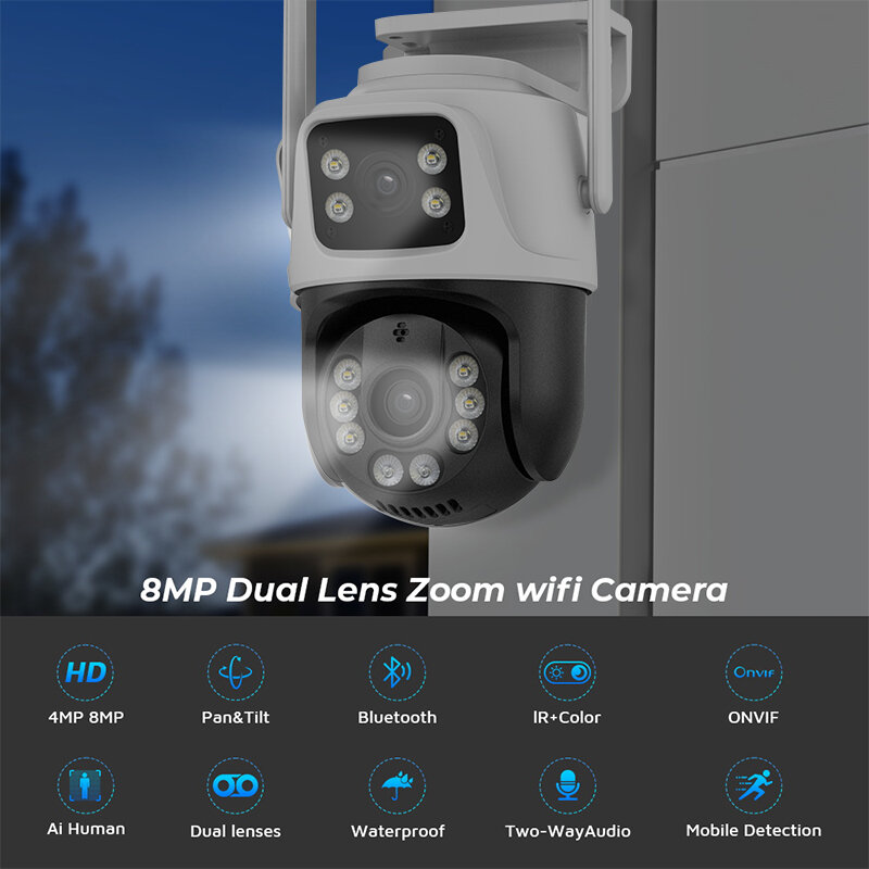 กล้อง8MP ไวไฟ PTZ การมองเห็นได้ในเวลากลางคืนกลางแจ้งหน้าจอคู่ตรวจจับมนุษย์4MP รักษาความปลอดภัยป้องกันกล้องวงจรปิด IP