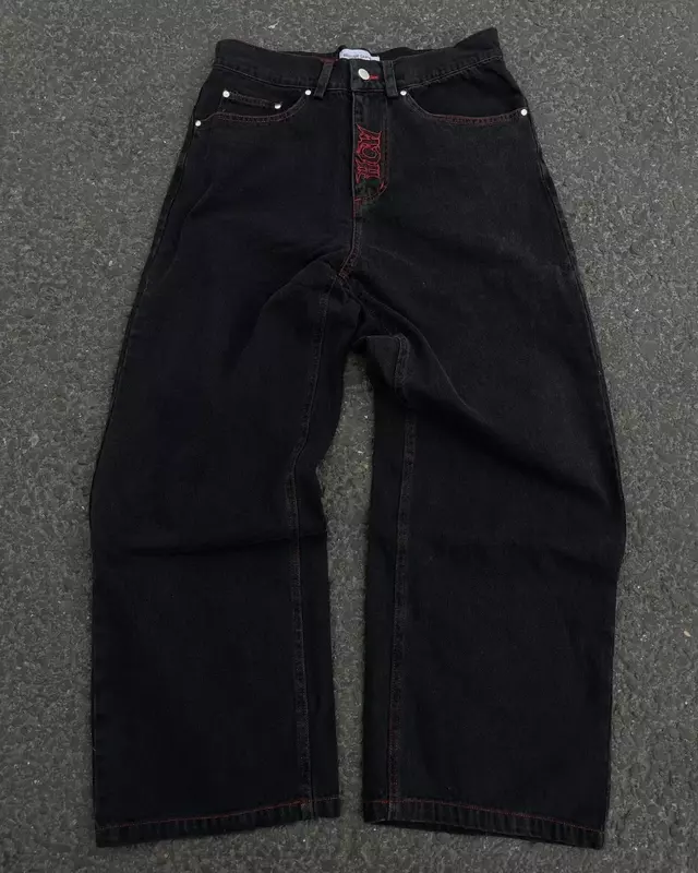 Y2K Jeans ricamati con motivo a teschio coppia di fascia alta allentati in stile americano sciolto Street Diablo vecchi pantaloni a gamba dritta lavati