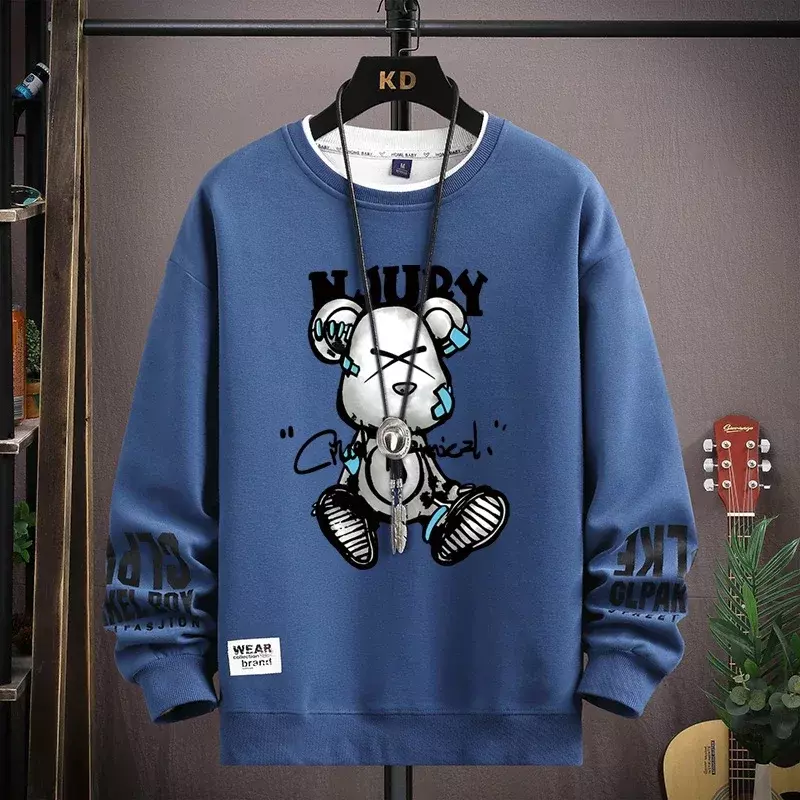 Jesienna męska bluza fajna nadruk niedźwiedzia t-shirt z długim rękawem moda odzież męska Khaki O dekolcie Harajuku ekskluzywny projekt Top